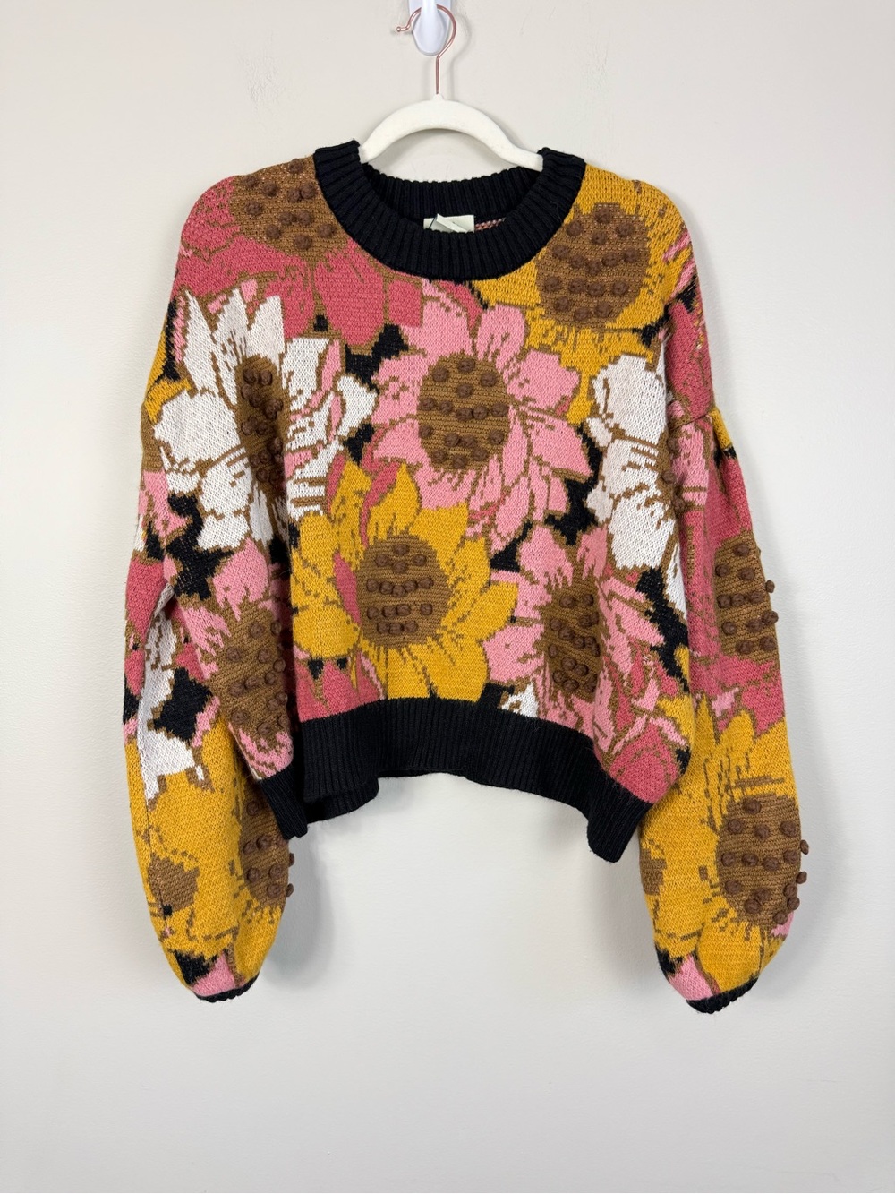 Farm Rio Sweater Women XL Floral Embroidered Sunflower Pom Pom Pink Brown Yellow - Picture 2 of 11